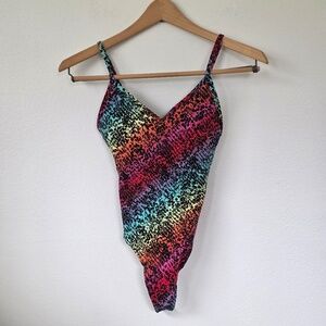 Pink Victoria's Secret V-Neck Thong Bodysuit Rainbow Snake Pattern - XS